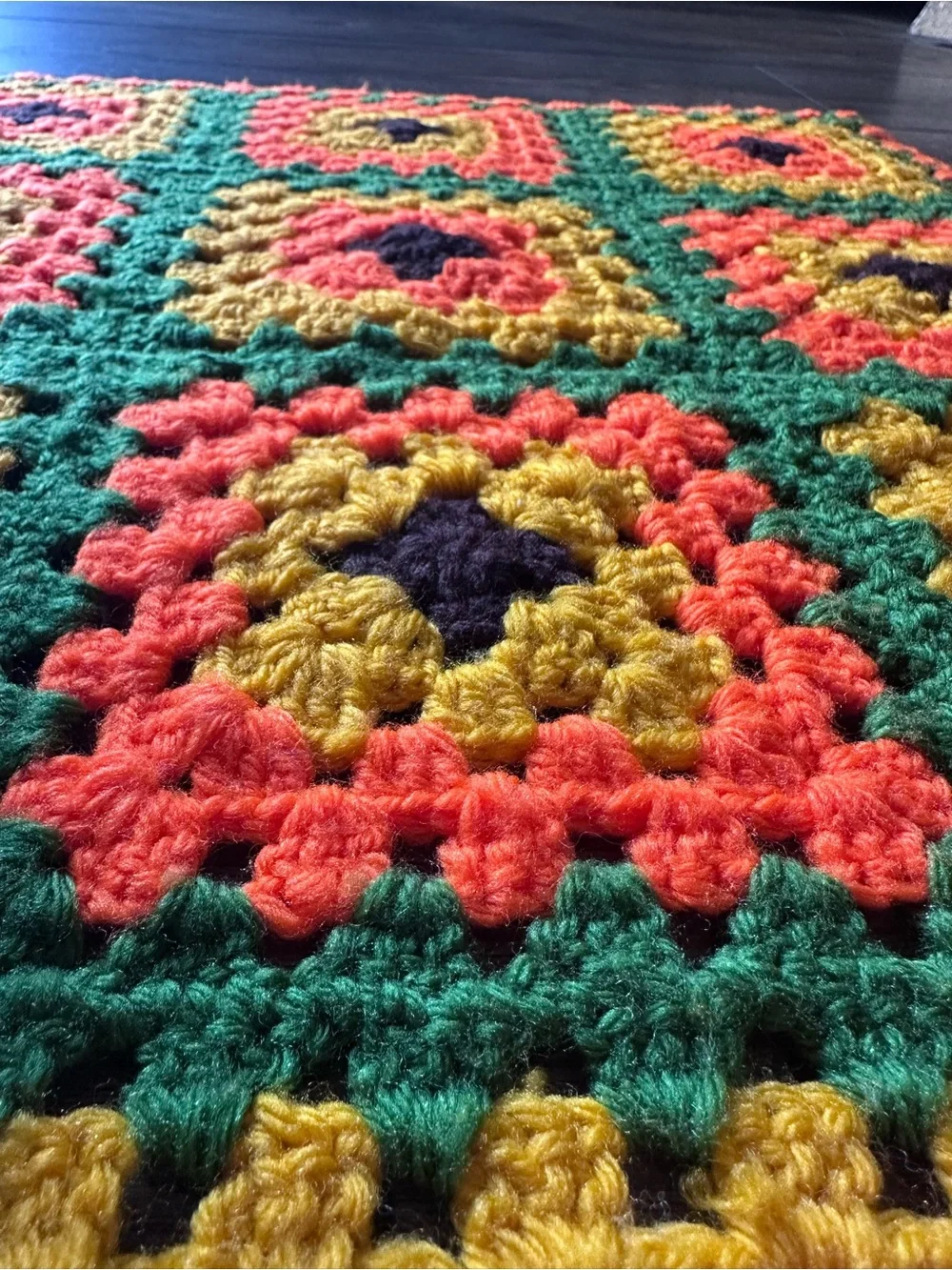 Vintage 70s Crochet Afghan Granny Square Blanket Retro Boho Orange Green Gold